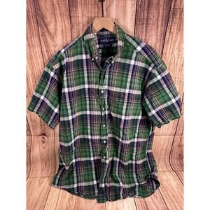 Ralph Lauren‎ Mens BLAKE LARGE Shirt Button Down Short Sleeve Green Blue Plaid L
